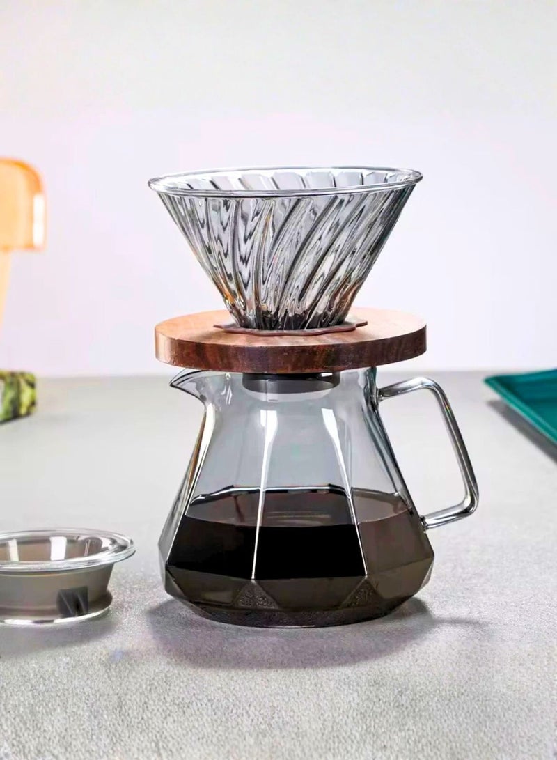 1Chase Smoky Grey Pour Over Coffee Maker 600ML Borosilicate Glass Carafe with Walnut Handle & Glass Lid - Image 3